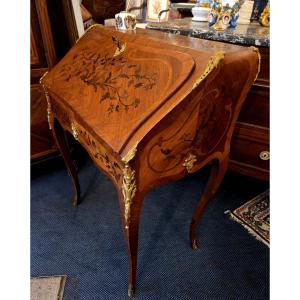 Small Louis XV Style Slant-front Desk In Marquetry, Model By Migeon Or Roussel