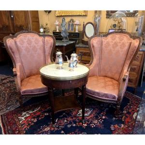 Pair Of Large Louis XVI Style Wingback Armchairs In Carved Walnut, Napoleon III