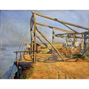 Large Oil On Canvas Signed Raulin 1909: Seaweed Harvesting At The Edge Of A Cliff (86 X 67 Cm)