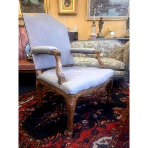 Large Regency Period Armchair In Carved Walnut