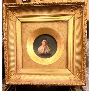 Portrait Of A Child On Ceramic Signed Cb 1890 In Its Gilt Frame.