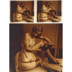 Erotic Stereo Photo Of Female Nudity Circa 1900 - 1920.