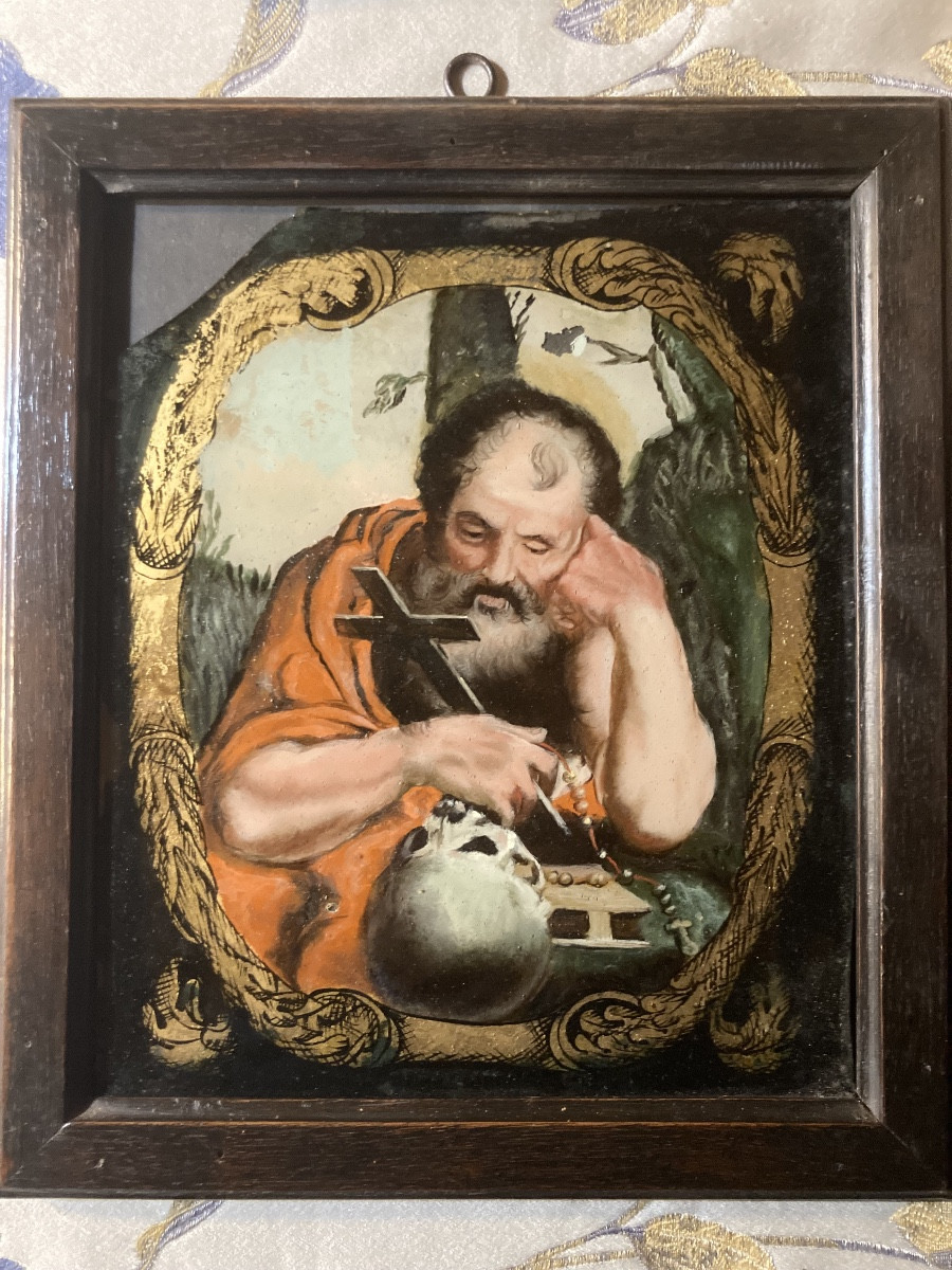 Dipinto su vetro del XIX secolo San Girolamo 