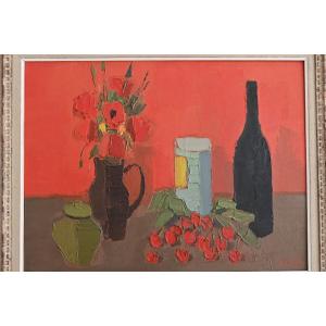 Pierre Palué (1920-2005), Still Life With Cherries, Oil On Canvas Signed Lower Right