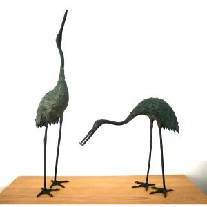 Pair Of Herons In Chiseled Bronze With Green Patina, 20th Century (1970s)