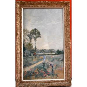 Georges Billaudot (paris, 1868-1951), In The Garden, Oil On Wood Panel, Signed