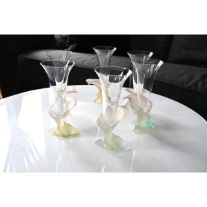 Set Of 6 Champagne Glasses With Floral Decoration, In Daum Crystal