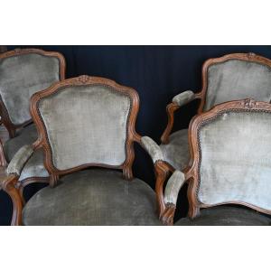 Set Of Four Cabriolet Armchairs In Molded And Carved Beech, Louis XV Period