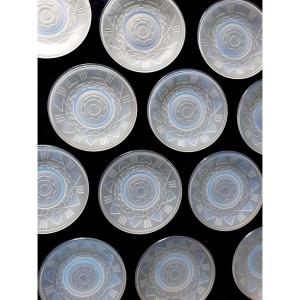 1930 Art Deco 12 Plates Set Modernist Geometric Opalescent Glass Dessert Plates