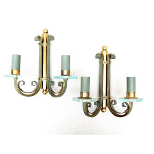 Lamps 2 Art Deco Sconces Bronze Glass Discs Modernist Lighting