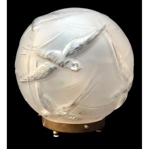 Large Art Deco Lamp 1930 Pressed Glass Brass Ball Living Room Bedside Birds Swallows