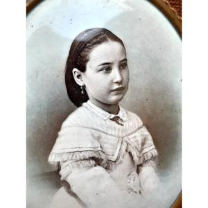 Oval Medallion Miniature Photograph On Porcelain Young Girl Napoleon III 1868 Portrait Nap3