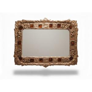 Irena Jaworska - Large Mirror, 60s Design Gilded Metal Glass Inclusions Line Vautrin's Workshop
