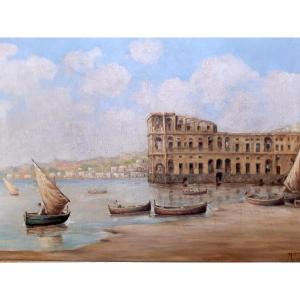 Oil On Canvas View Of Naples, Donna Anna Palace, 1900. Signed Painting, Italy, Napoli Venice
