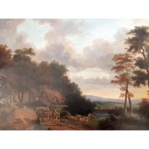 18th/19th C. French Painting  Bucolic Scene Signed Delaplace Countryside Farm Figures Animals