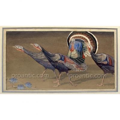 William Giles 1872-1939 The Passing Show Woodblock Print 1920 1930 Bird Turkey Turkeys