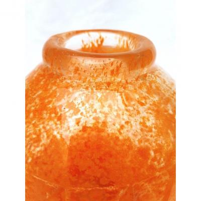 Huge 1930s Art Deco Vase Geometric Patterns Bright Orange Acid Etched Pate De Verre Glass Vase