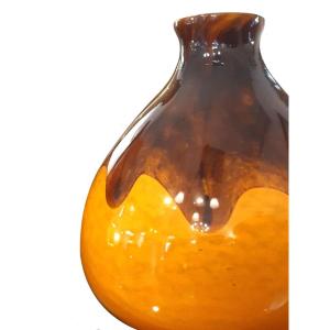 French Art Deco Pate De Verre Art Glass Vase Signed Degué 1930 Orange Brown