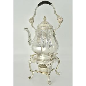 Teapot With Its Support And Burner. Silver, Belgium Circa 1910