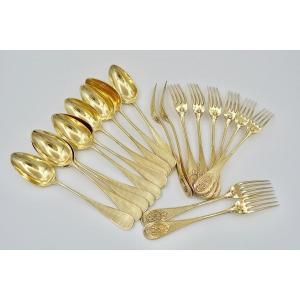 Golden Silver Spoons And Forks Set By Henin Orfèvre
