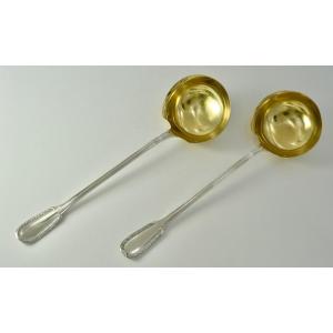 Puiforcat Goldsmith. Pair Of Silver Cream Ladles, France Late 19th Century 