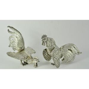 Pair Of Silver Fighting Cocks. Portugal Mid 20th Century
