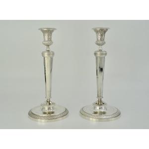 Pair Of Silver Candlesticks, France Circa 1815, Empire Period