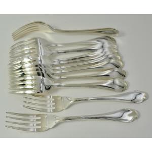 Christofle France, Pompadour, Twelve Fish Forks, Silver Plated Metal