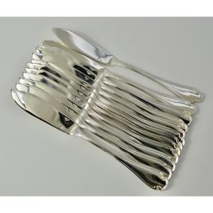 Christofle France, Pompadour, Twelve Fish Knives. Silver-plated Metal