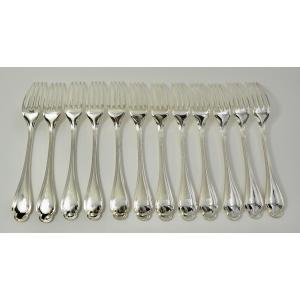 Christofle France, Pompadour, Twelve Table Forks, Silver Plated Metal