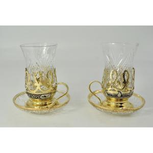 Soviet Russia, Pair Of Crystal And Silver Gilt Glasses.