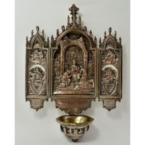 Wall-mounted Holy Water Font, Triptych, France 19th Century.