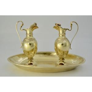 Pair Of Silver-gilt Cruets And Their Tray, France, 19th Century 