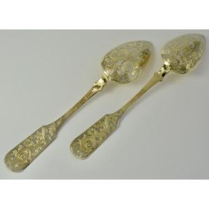 Russia Circa 1849. Pair Of Gilt Silver Spoons.