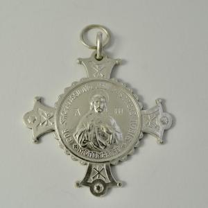 Large Religious Medal In Silver-plated Metal. France, Early 20th Century