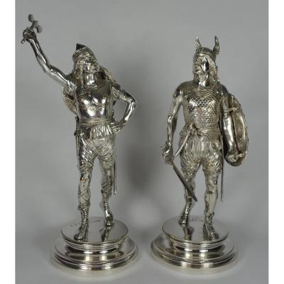 Two Gauls, Silver Bronze Signed E Guillemin