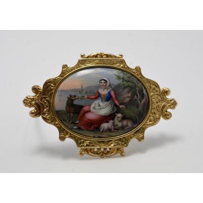 Gold Brooch Miniature France XIX Century Circa 1809-1819