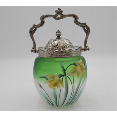 Biscuit Bucket In Enameled Glass And Silver Metal Decorated With Daffodils Art Nouveau
