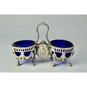 Double Salt Shaker In Silver And Blue Crystal, France XIXth Century