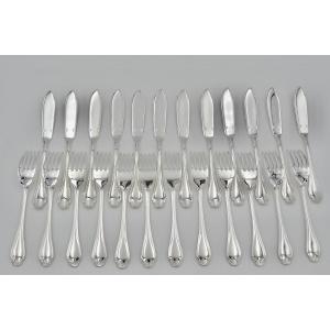 Christofle. 12 Fish Cutlery, In Silver Metal, New