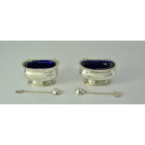 China / Hong Kong Pair Of Salerons In Silver And Blue Glass Early Twentieth