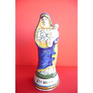 Polychrome Virgin In Earthenware. Brittany Henriot Quimper , XIXth Century