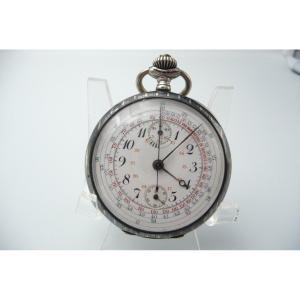 Beautiful Chronograph Pocket Watch, In Niellé Silver, 1900 Period