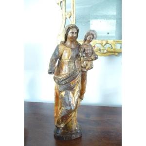 Virgin: Beautiful Virgin And Child In Wood, With Fine Remains Of Gilding And Polychromy, 17th Century
