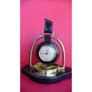 Yéma Desk Clock For The (black Saumur Frame) Leather And Gold Metal From The 60s