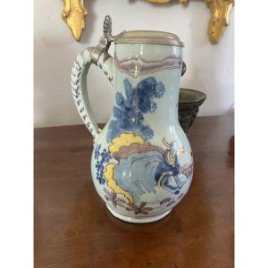 Polychrome German Earthenware Pitcher, 18th Century, With Tin Lid.