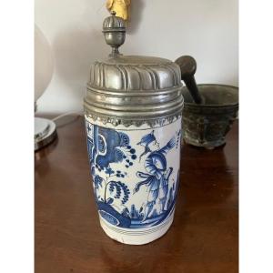 18th Century Earthenware Pitcher, German Made With A Tin Lid.