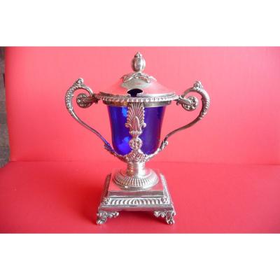 Restoration Style Mustard, In Sterling Silver. Blue Crystal Interior.