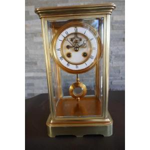 Beautiful Glazed Cage Clock, In Golden Brass, With Visible Escapement. Late 19th Century