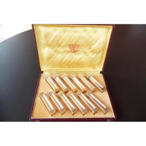 12 Art Deco Knife Holders, In Silver Metal In Original Box, Circa 1930.